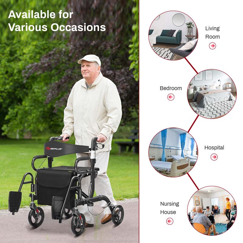 2 in 1 Folding Rollator Walker with Seat & Bag, Aluminum Medical Walker Rolling Transport Chair Mobility Walking Aid