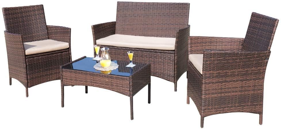 4 Pieces Patio Rattan Chair Wicker, Outdoor Indoor Use Backyard Porch Garden Poolside Balcony Furniture Sets (Red)