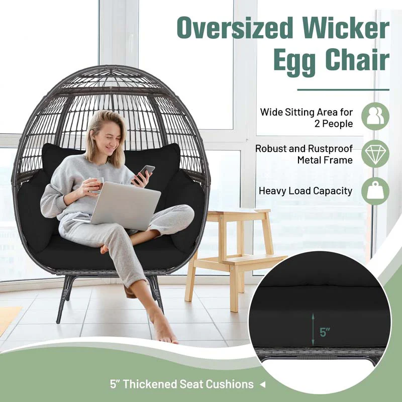 Oversized Wicker Egg Chair with 4 Cushions, Steel Frame Basket Chair Indoor Outdoor Patio Lounge Chair