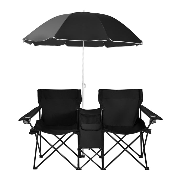 Double Folding Picnic Chairs Umbrella Mini Table Beverage Holder Carrying Bag