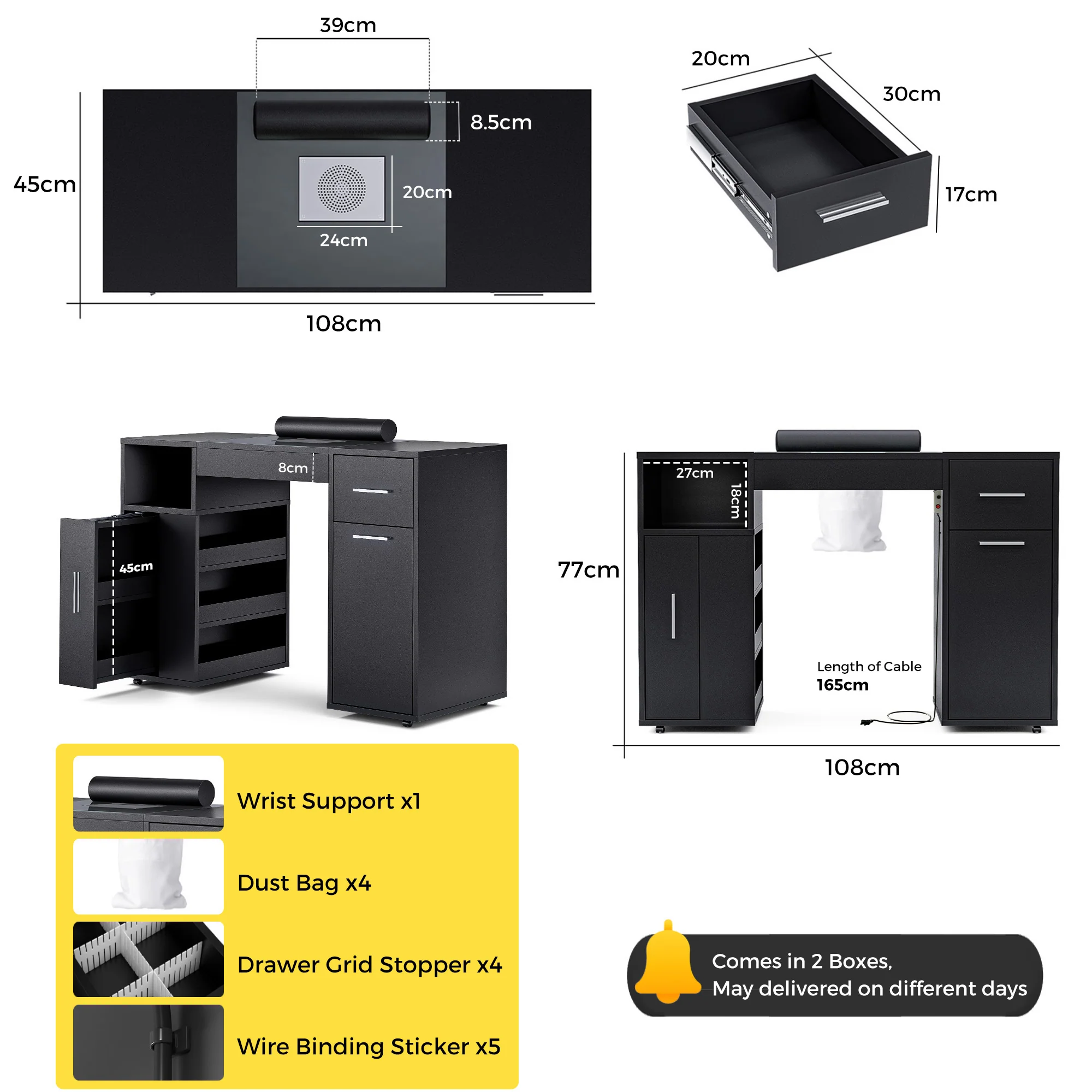 Manicure Table with Glass Top Black