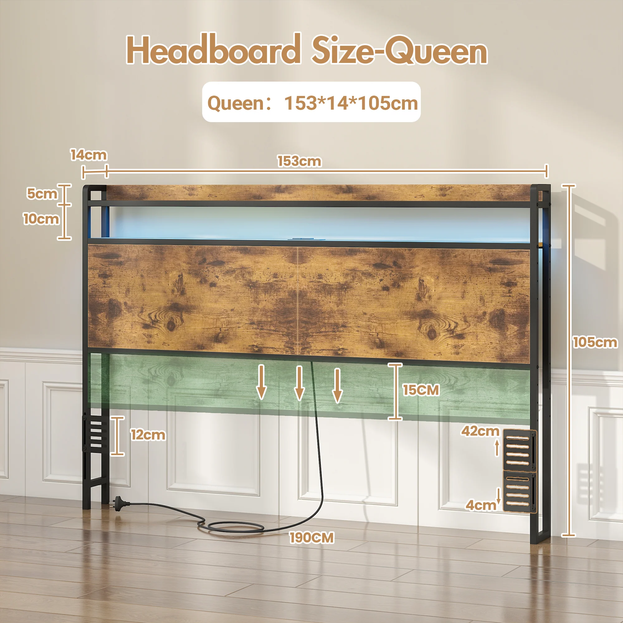 Storage Headboard with LED Light Charging Station