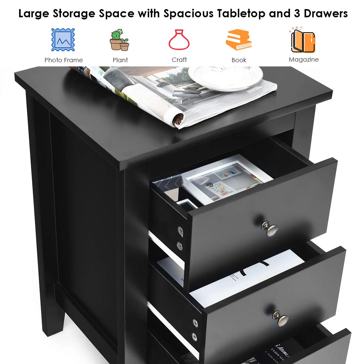 Giantex 2Pcs Bedside Table, Nightstand w/ 3 Drawers & Solid Wood Legs