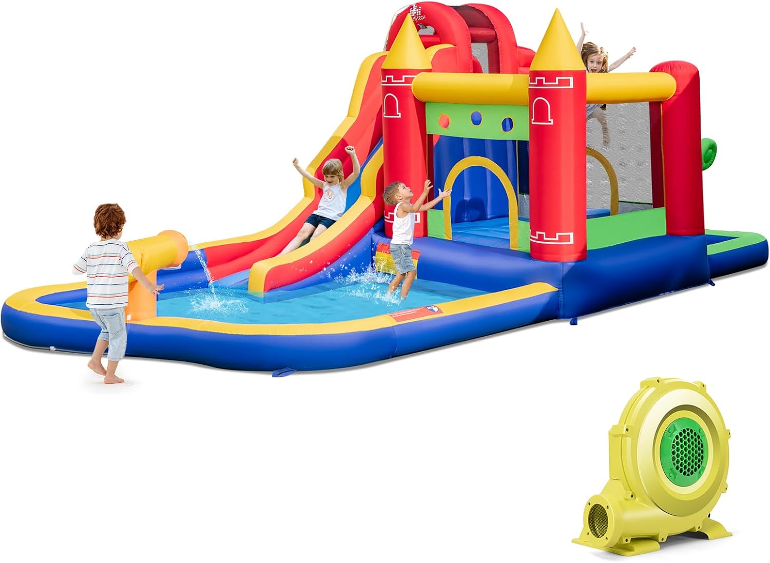HONEY JOY Inflatable Water Slide, Outdoor Water Park Bouncy House with Ring-tossing, Boxing, Water Cannon, Splash Pool & Ocean Balls, Kids Jumping Castle for Yard Garden Party (with 680W Blower)