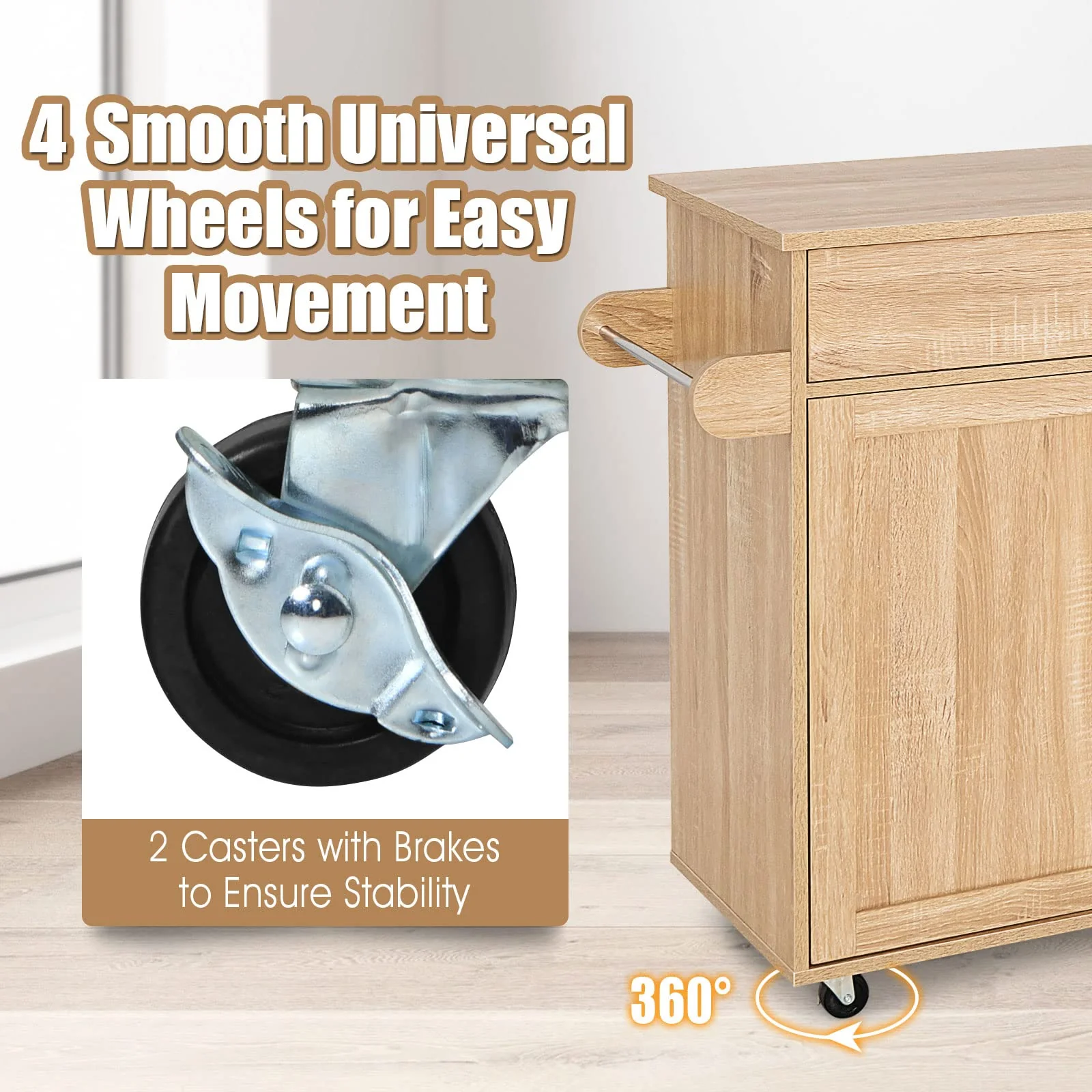 Giantex Wooden Rolling Kitchen Island, Storage Cart Trolley w/ Adjustable Shelf, Spice Storage Sgelf, Towel Rack & Drawer