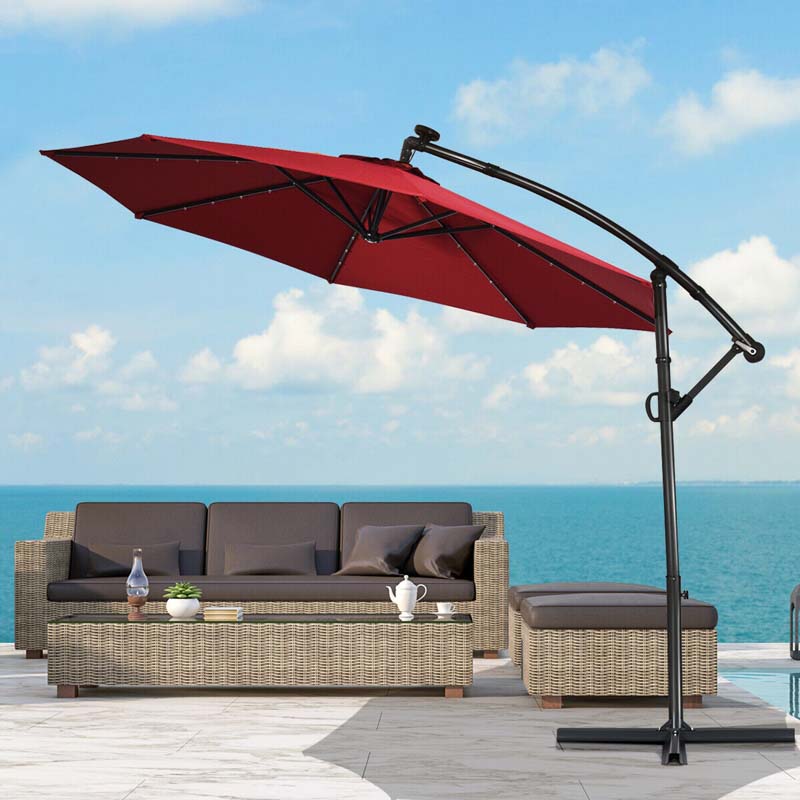 10 FT Patio Offset Umbrella with Solar Lights 360�� Rotation Outdoor Market Umbrella with Crank Handle & Cross Base