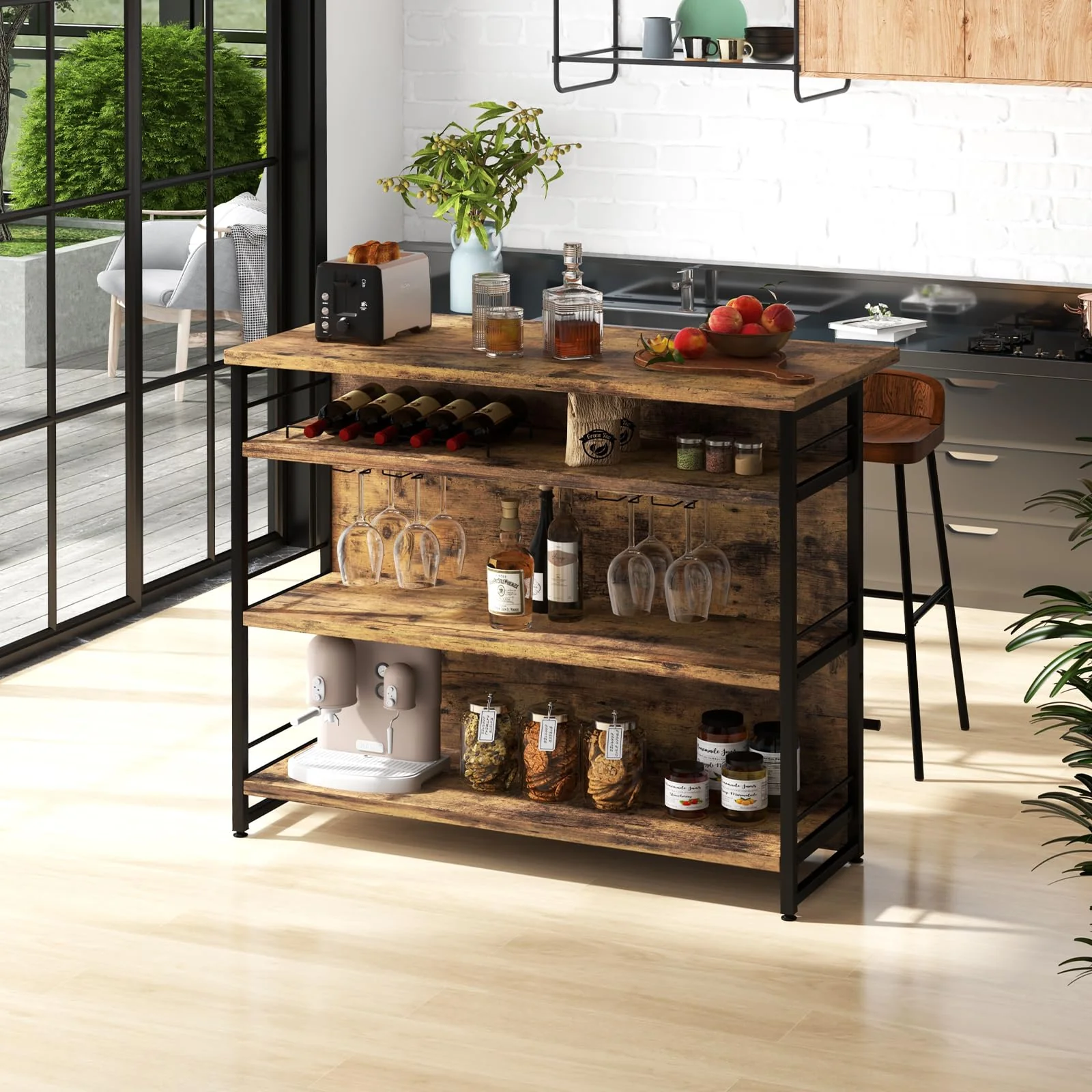 Giantex Industrial Home Bar Unit, 4-Tier Liquor Bar Cabinet w/ 3 Open Shelves