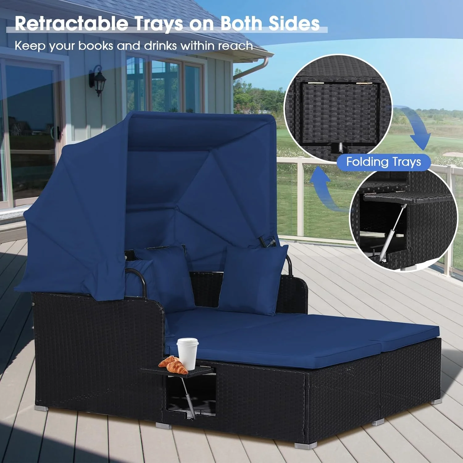 RELAX4LIFE Patio Outdoor Daybed with Canopy, Wicker Sunbed w/Cushions, 4 Pillows & 2 Retractable Side Trays, 2-Person Lounge Bed Conversation for Poolside Porch Garden, Rattan Outdoor Bed (Turquoise)