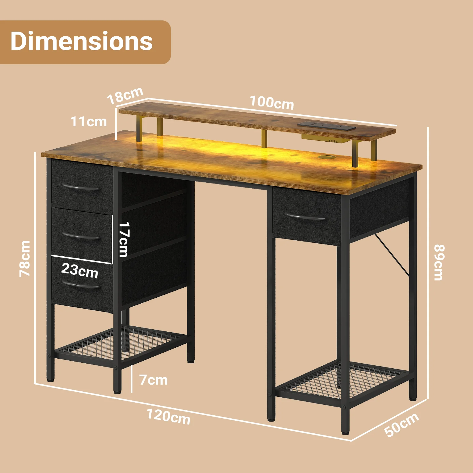 Gaming Desk with LED Lights with Monitor Stand 120cm