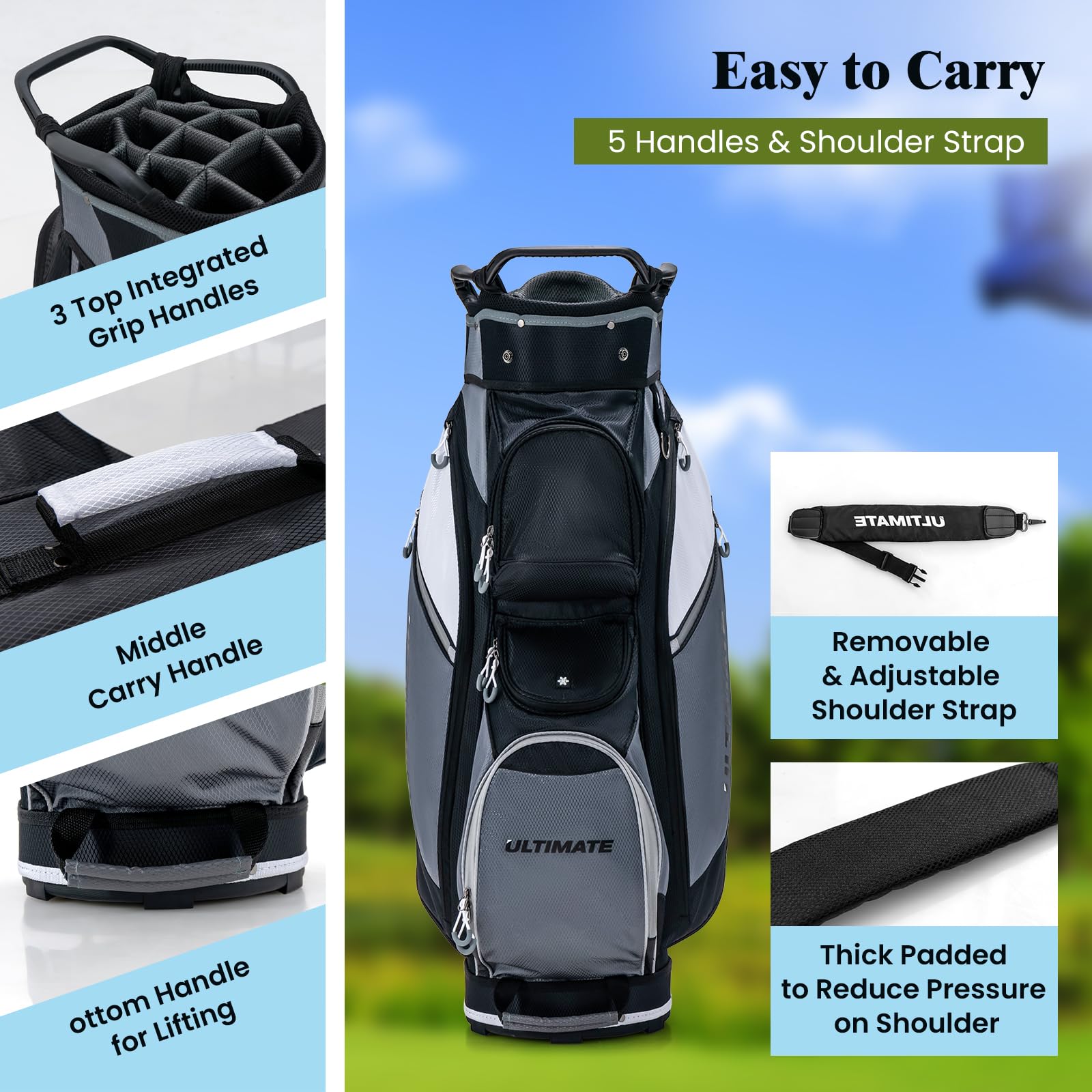 Golf Cart Bag with 14-Way Top Dividers, Golf Club Bag with 7 Zippered Pockets Including Cooler Bag