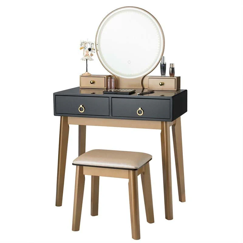 Modern Makeup Vanity Set with Touch Screen Dimming Mirror and 3 Color LED Lighting Modes, Jewelry Divider Dressing Table