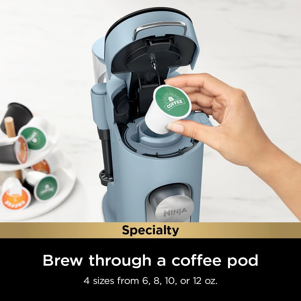 Ninja Pods & Grounds Single-Serve Coffee Maker, K-Cup Pod Compatible, Brews Grounds, Compact Design, 56-oz. Reservoir, 6-oz. Cup to 24-oz. Travel Mug Brew Sizes, Iced Coffee Maker, Stone, PB041ST