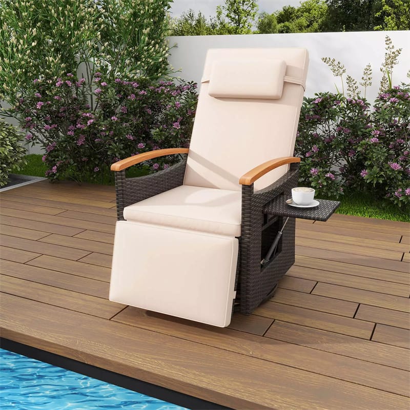 Outdoor 360�� Swivel Rattan Recliner Chair with Adjustable Backrest & Footrest, Patio Wicker Chaise Lounge Chair with Flip Side Table & Cushion