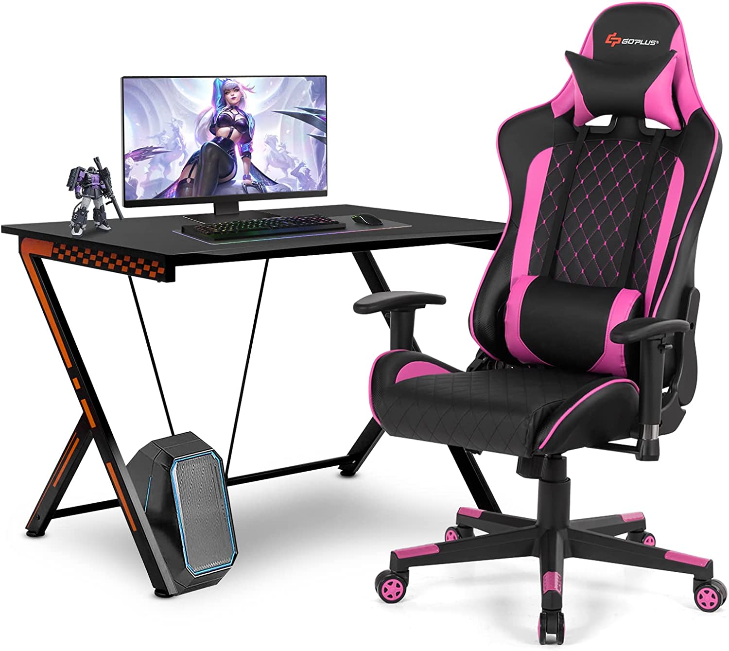 Gaming Desk & Chair Combo Set, Racing Style Home Office Gamer Workstation w/Massage Lumbar Support & Headrest