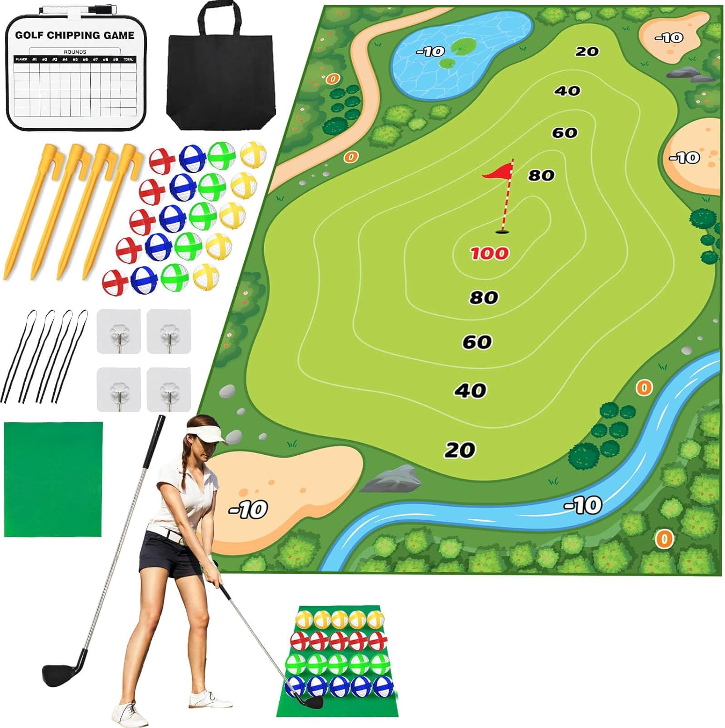 Golf Chipping Game Mat - Chip Games Sticky Practice Golf Game Set for Adults Kids Indoor Outdoor Backyard Garden Party - New Practice Golf Balls Putting Pitching Hitting Casual Golf Play Fun Mat