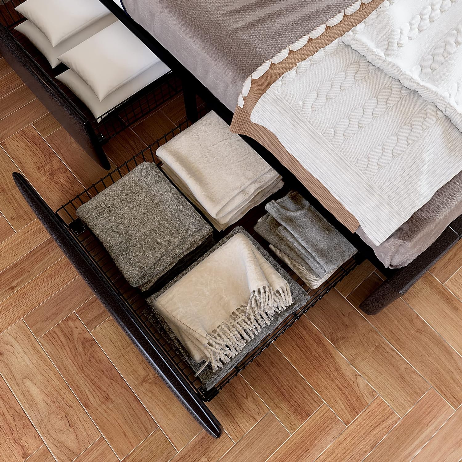 Allewie Upholstered Queen Size Platform Bed Frame with 4 Storage Drawers and Headboard, Square Stitched Button Tufted, Mattress Foundation with Wooden Slats Support, No Box Spring Needed, Light Grey