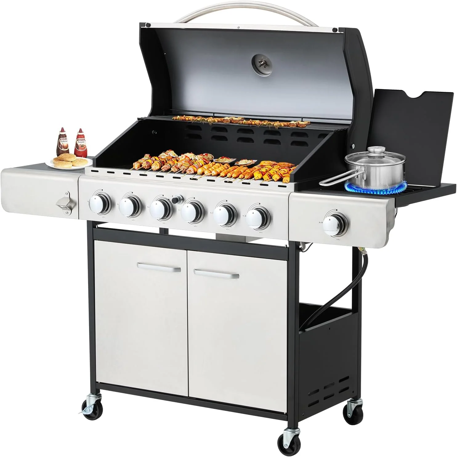 Upgraded 4 Burner BBQ Propane Gas Grill with Cast Iron Grates & Side Stove, 44,000 BTU Stainless Steel Burner Barbecue Grill for Patio, Camping, Outdoor Cooking MELLCOM