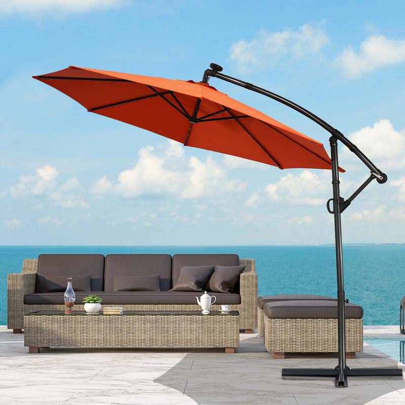 10 FT Patio Offset Umbrella with Solar Lights 360�� Rotation Outdoor Market Umbrella with Crank Handle & Cross Base