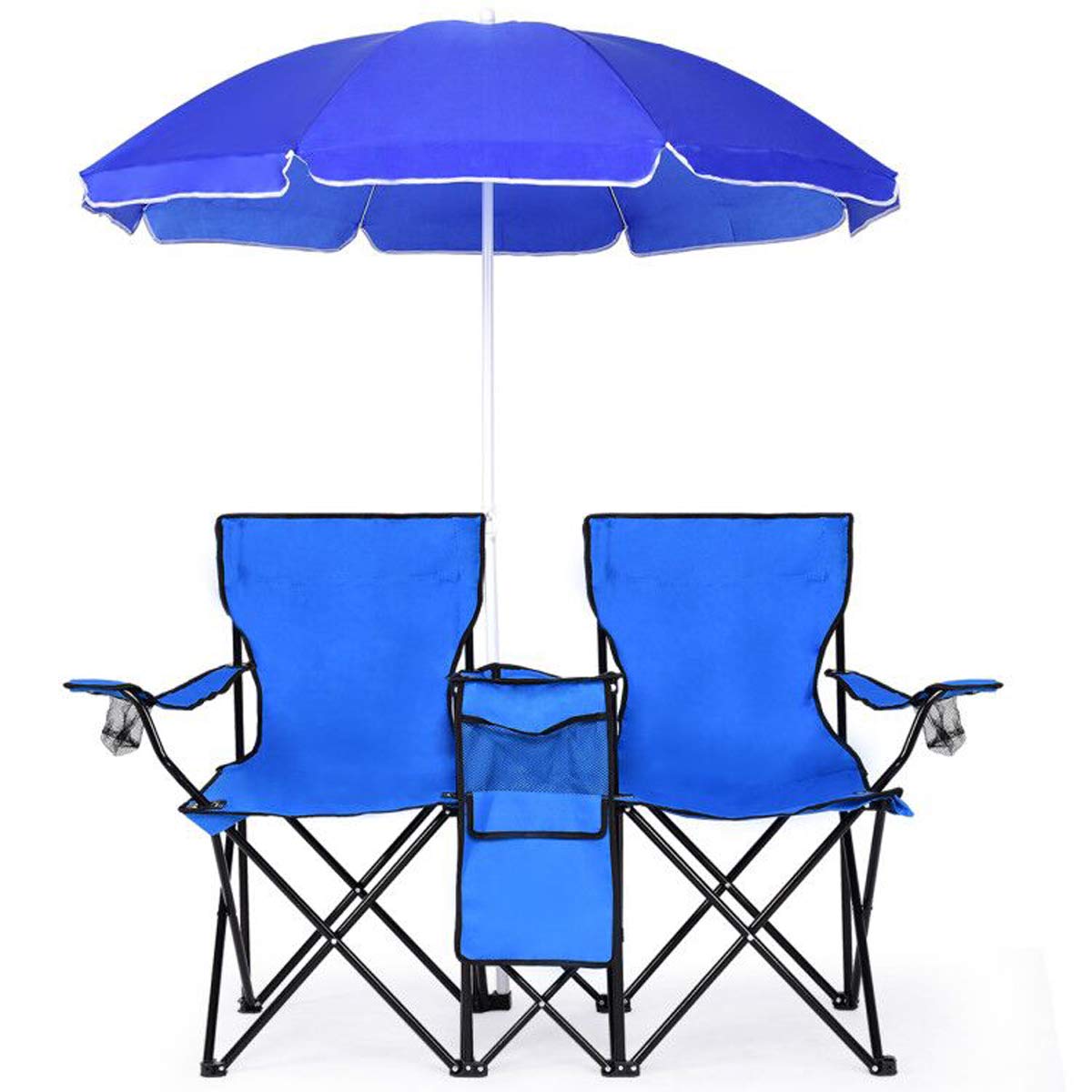 Double Folding Picnic Chairs Umbrella Mini Table Beverage Holder Carrying Bag