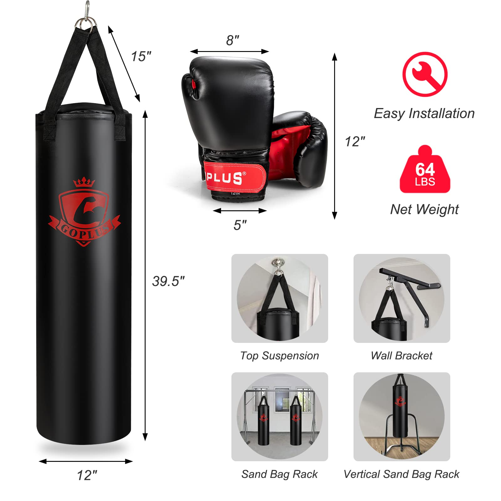 Punching Bag for Adults, 63LBS Filled Hanging Boxing Bag Set with 12OZ Boxing Gloves & 95
