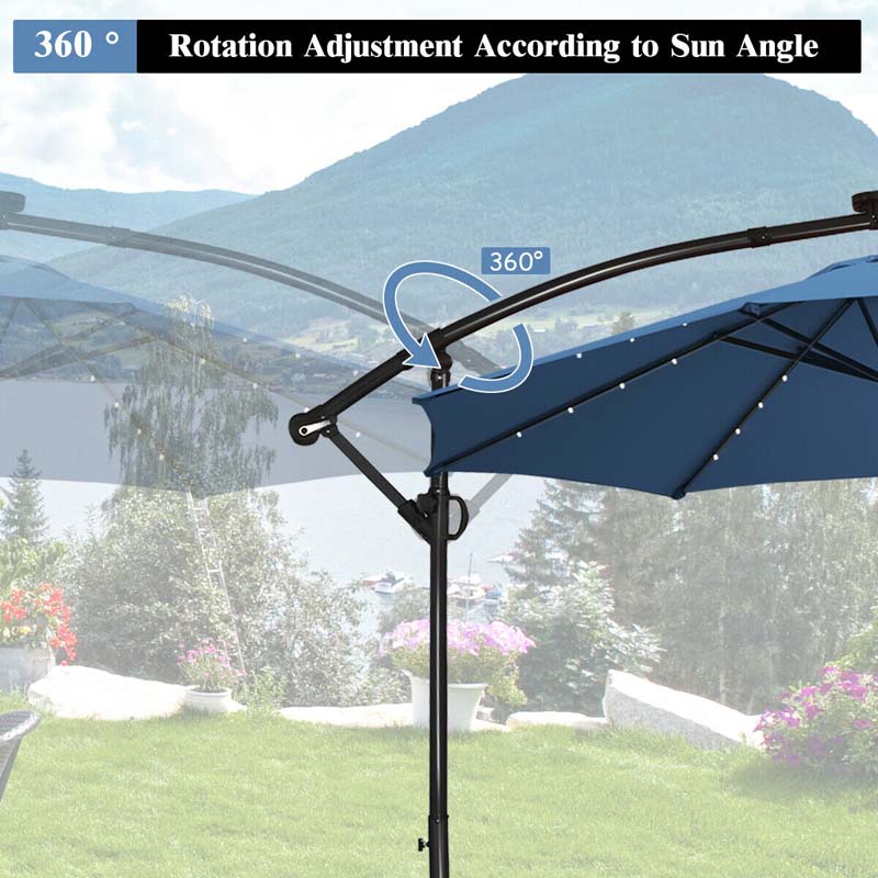 10 FT Patio Offset Umbrella with Solar Lights 360�� Rotation Outdoor Market Umbrella with Crank Handle & Cross Base