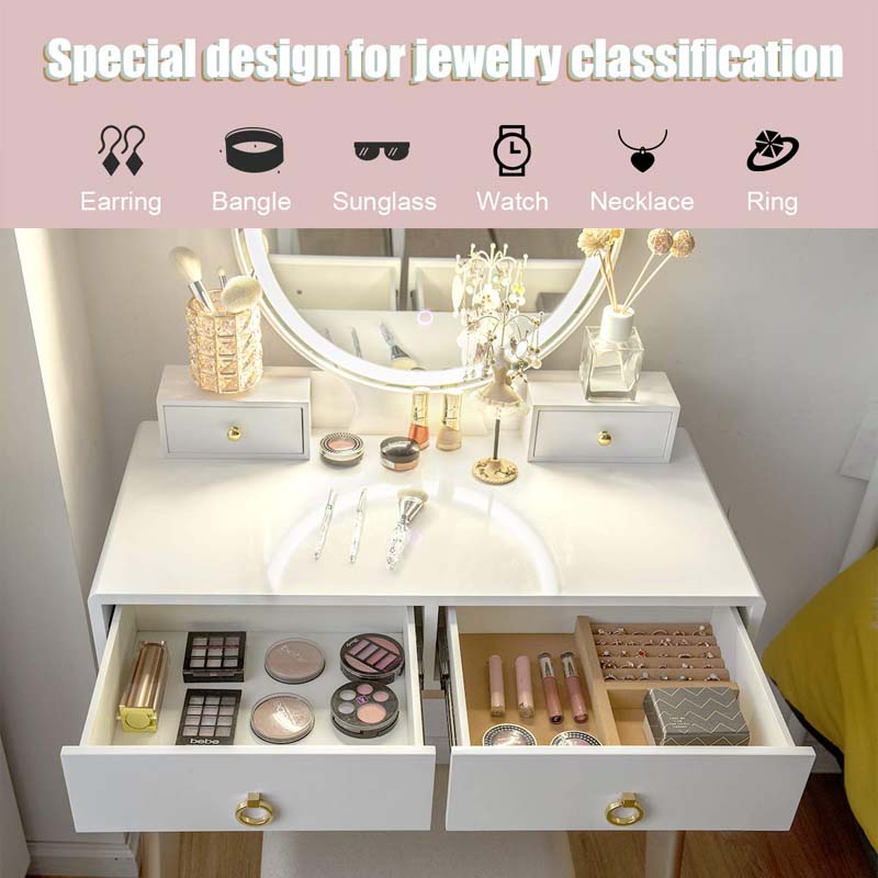 Modern Makeup Vanity Set with Touch Screen Dimming Mirror and 3 Color LED Lighting Modes, Jewelry Divider Dressing Table