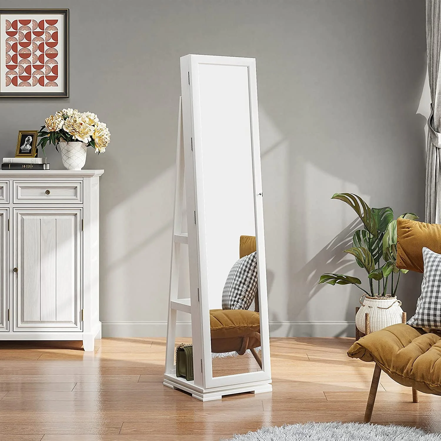 Dextrus 360�� Swivel Jewelry Cabinet, Lockable Standing Jewelry Armoire with Full-Length Mirror, Rear Storage Shelves, White