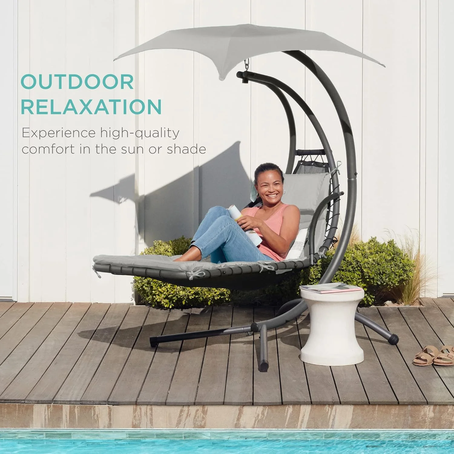 Best Choice Products Outdoor Hanging Curved Steel Chaise Lounge Chair Swing w/Built-in Pillow and Removable Canopy - Charcoal Gray