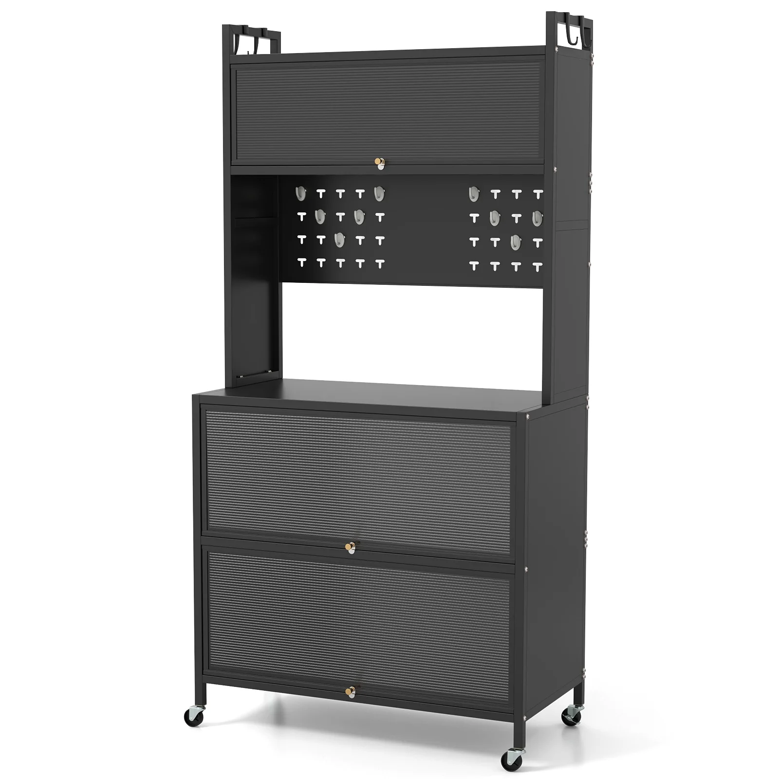 5-Tier Kitchen Bakers Rack w/ Lights Microwave Stand w/ Flip Door Cabinet