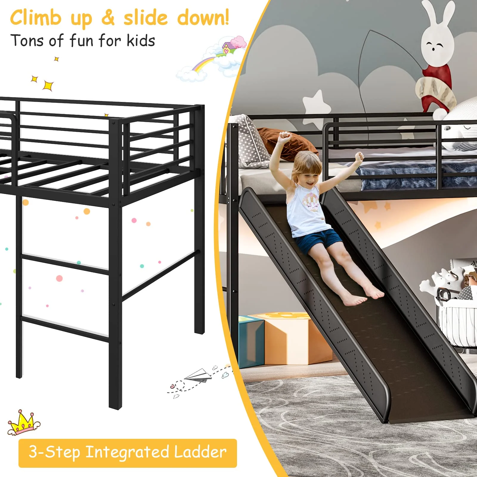 Giantex Metal Loft Bed with Slide, Heavy-Duty Steel Slats Support Loft Bed with Integrated Ladder & Full-Length Guardrails