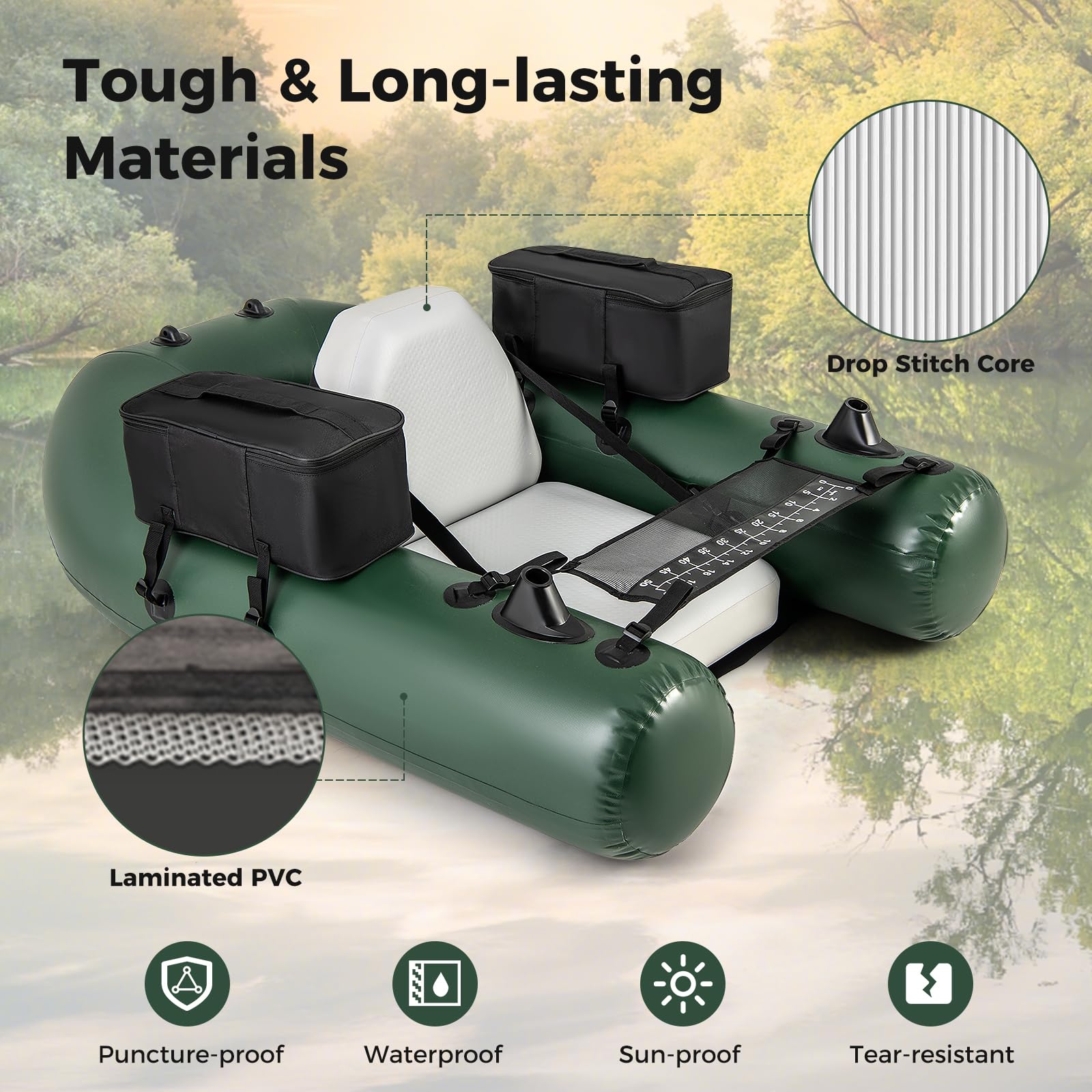Inflatable Float Tube, Fishing Belly Boat with Fish Ruler, 2 Detachable Storage Bags, Pump, Carry Bag