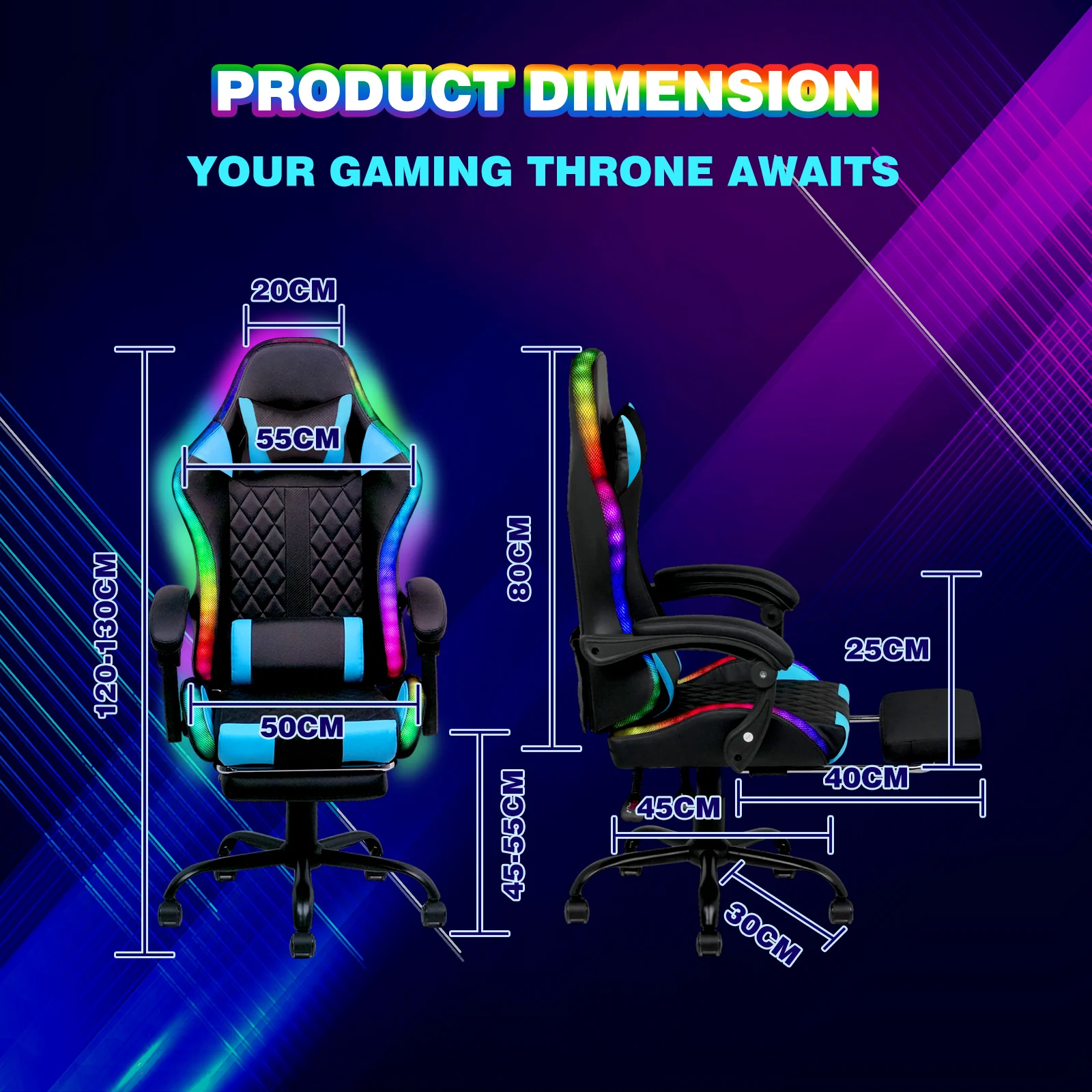Gaming Chair 12 RGB LED Massage Chair Blue