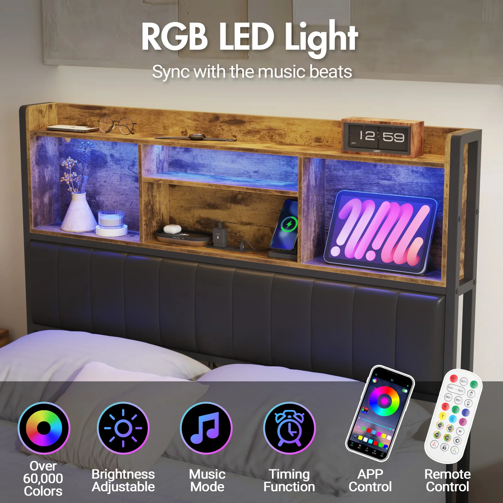 Bed Frame with Charging Station & LED Storage Shelf