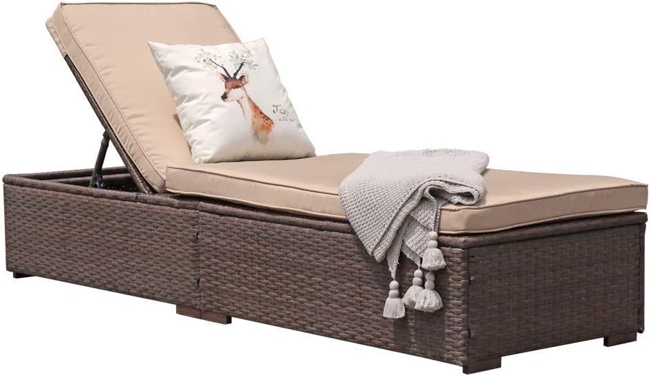 Patiorama Outdoor Patio Lounge Chair, Elegant Reclining Adjustable Pool Rattan Chaise Chair with Beige Cushion, Brown PE Wicker, Steel Frame, Set of 2