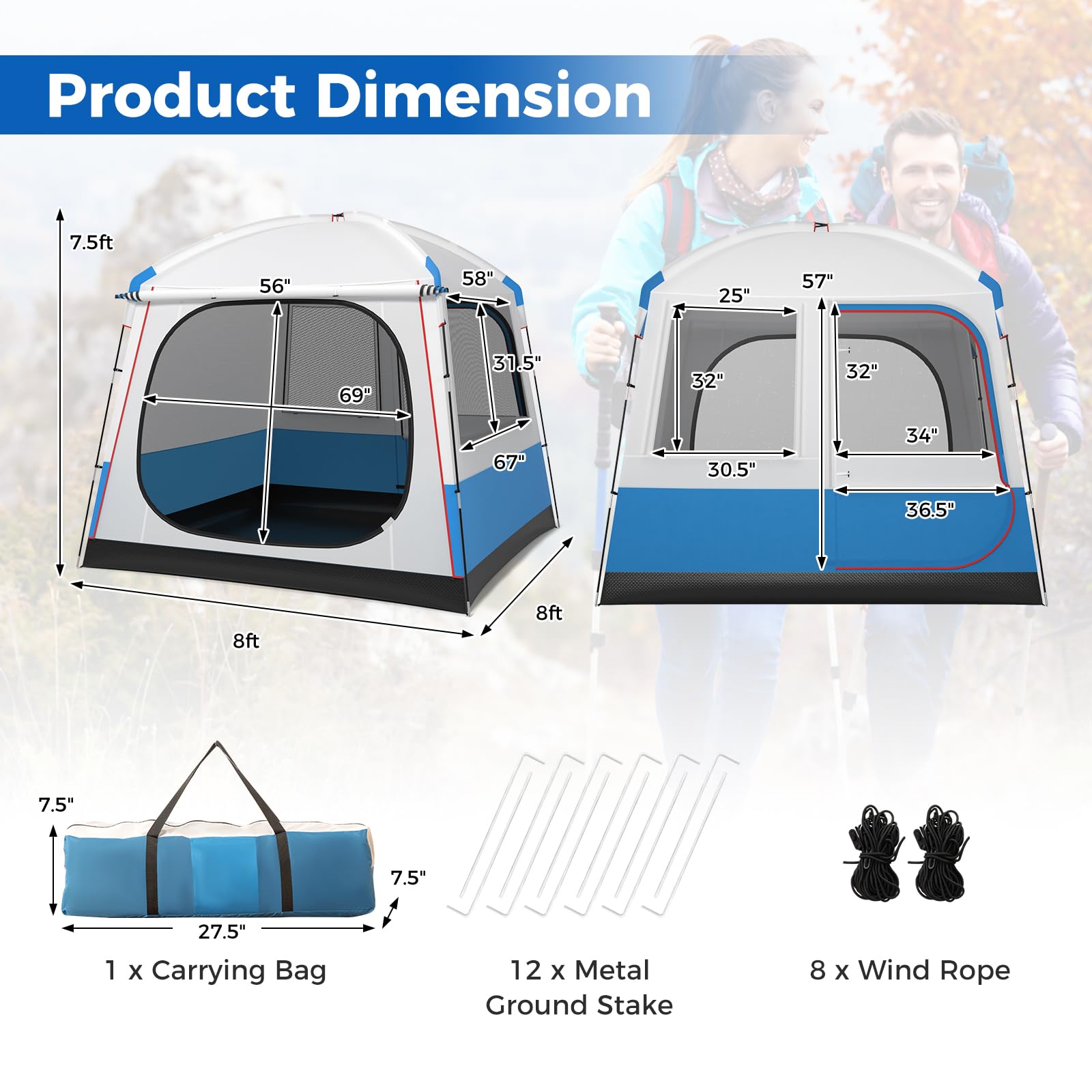 Camping Tent for 3-5 People, Portable Cabin Shelter w/Large Double-Layer Mesh Front Door