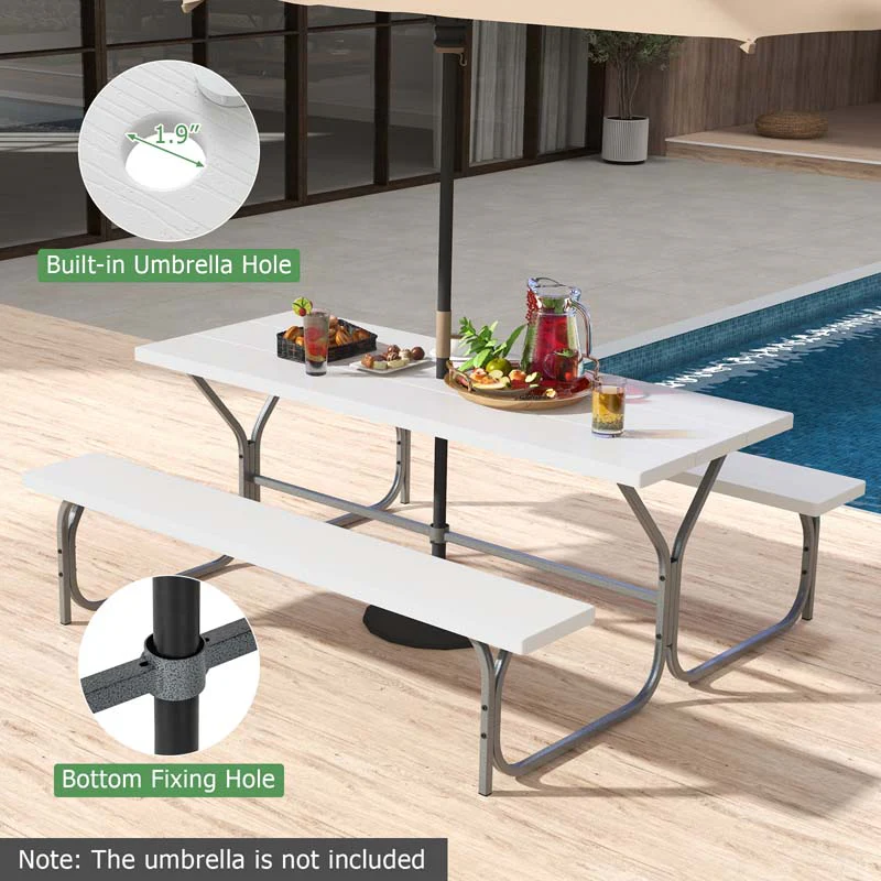 6 FT 8-Person Outdoor Large Picnic Table Bench Set with Umbrella Hole, Metal Frame, All-Weather HDPE Tabletop