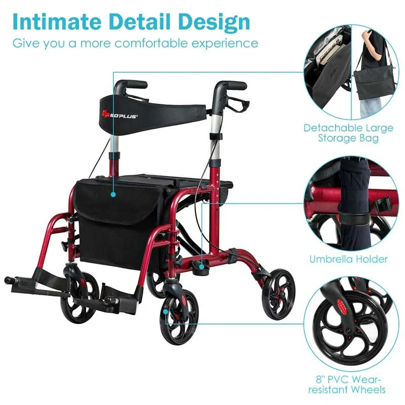 2 in 1 Rollator Walker Wheelchair Folding Medical Walker, Aluminum Transport Chair Mobility Walking Aid