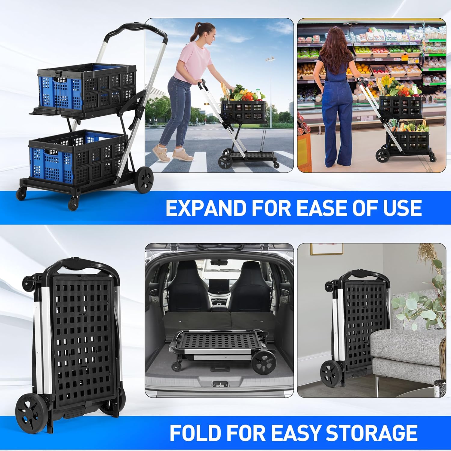 Rengue Grocery Shopping Cart with 2 Removable Baskets for Shopping, Picnic (Blue)