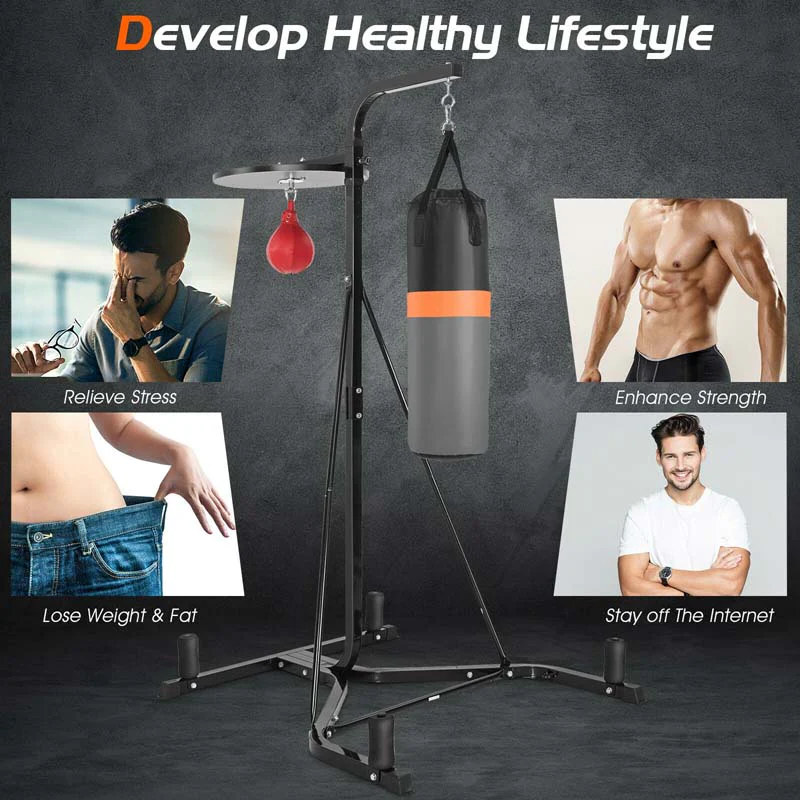 2-in-1 Height Adjustable Boxing Stand with Filled Punching Bag & Speed Ball, Heavy Duty Free Standing Boxing Station for Home Gym