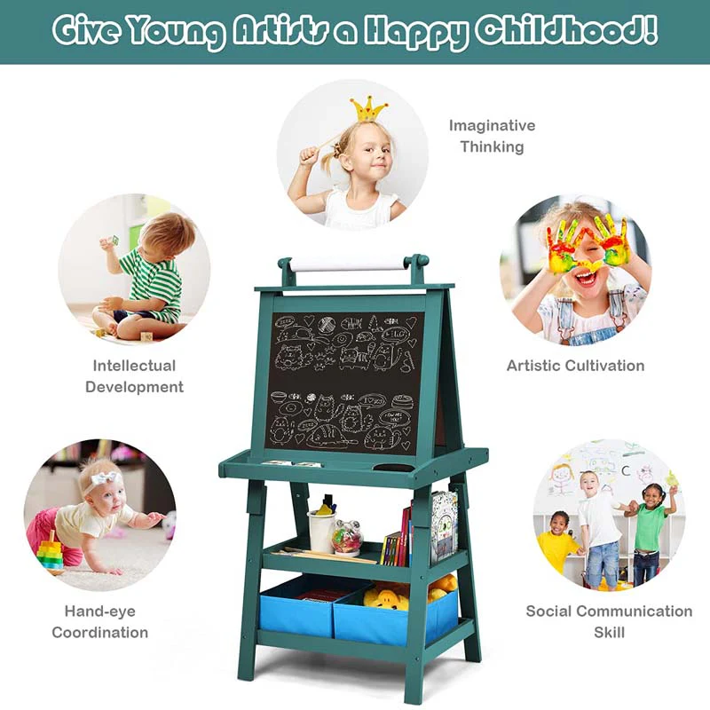 3-in-1 Double-Sided Kids Art Easel, Wooden Storage Toddler Easel with Magnetic White Board & Chalkboard, Paper Roll, Painting Dry Erase