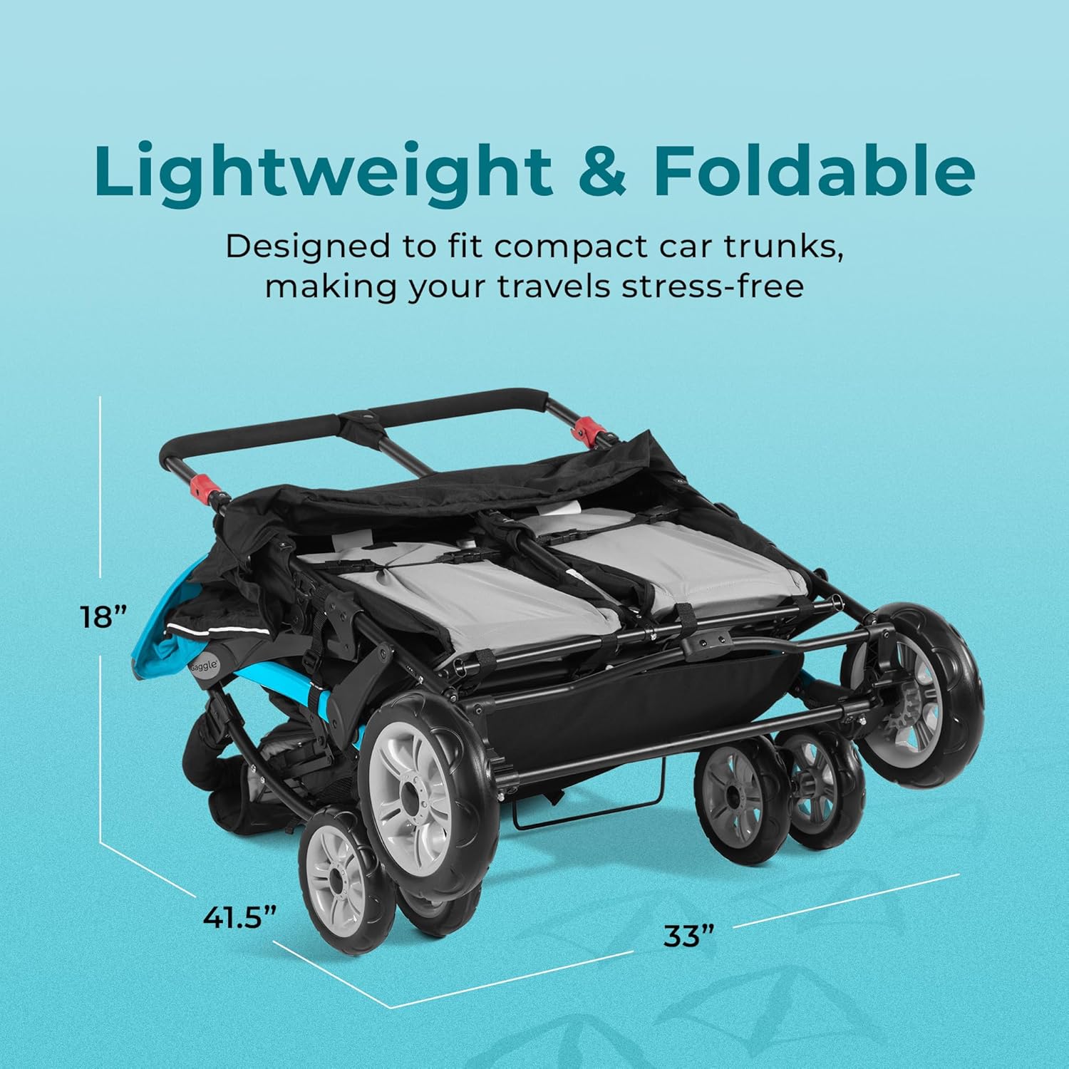 Compass Quad 4 Seat Stroller | 4-Seat Stroller for Daycare | Oversized UV Blocking Canopy | 5-Point Harness | Easy Loading | Storage Bucket | Teal
