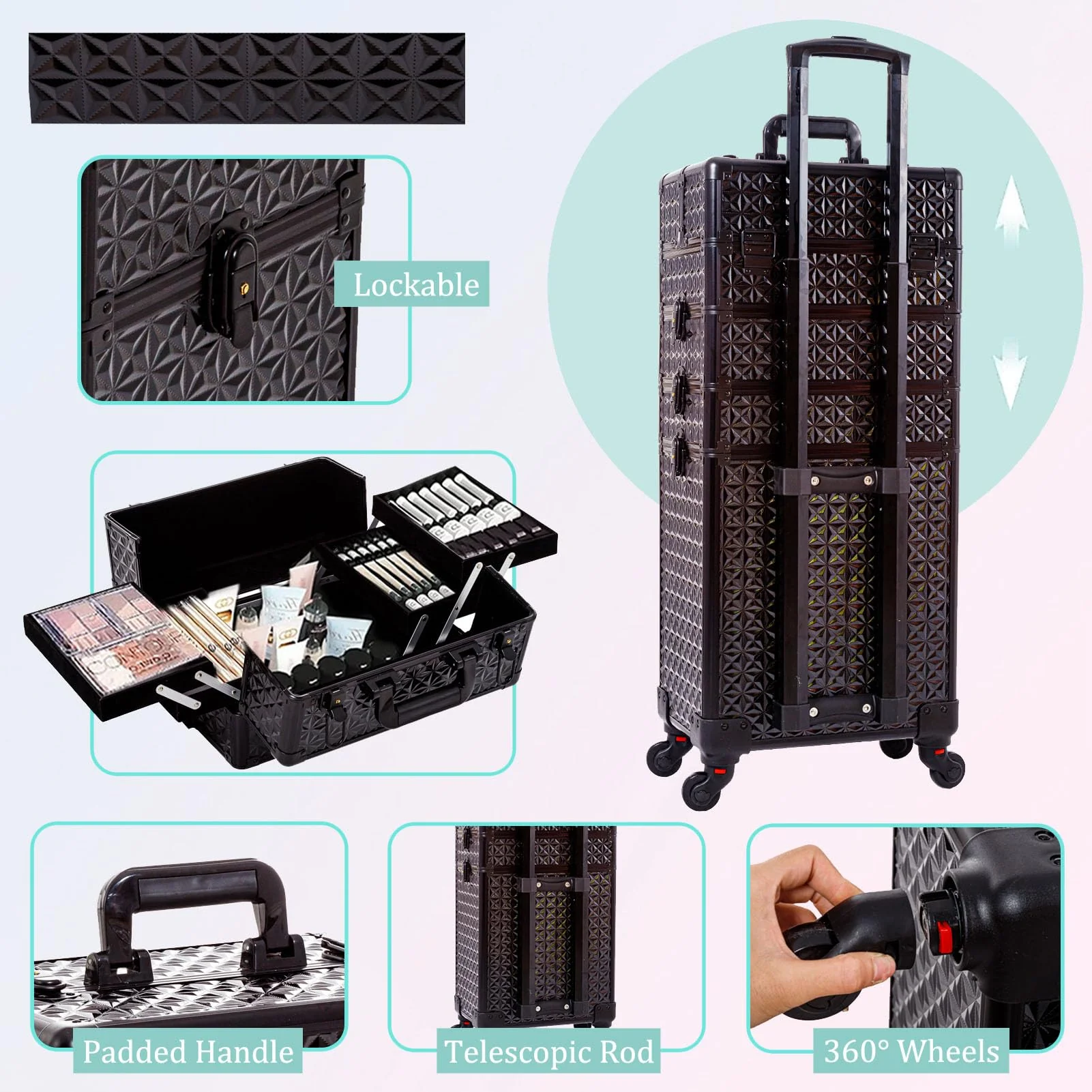 AROUS 5 in 1 Professional Makeup Train Case with 360?? Swivel Wheels