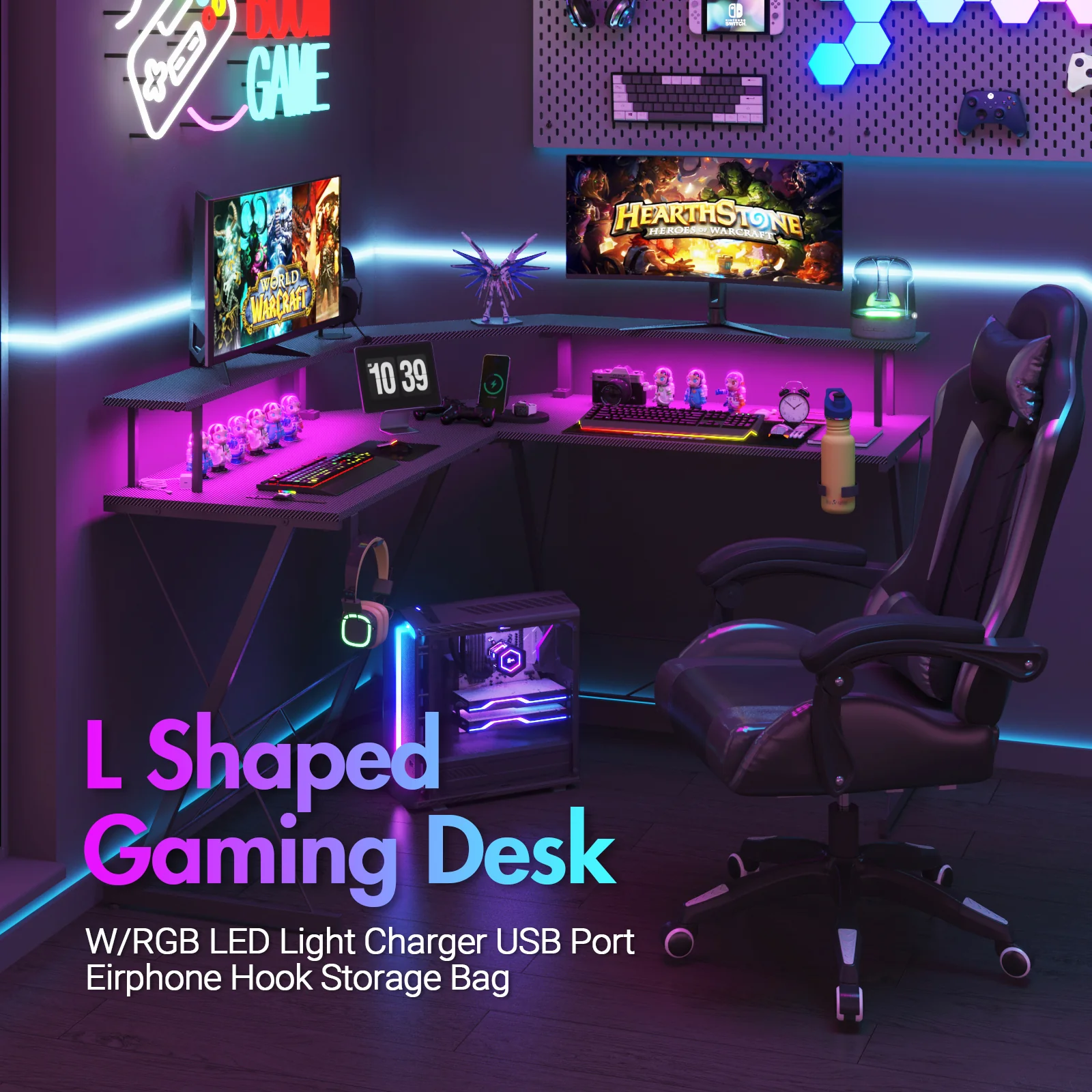 L Shaped Gaming Desk with LED Lights