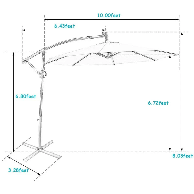 10 FT Patio Offset Umbrella with Solar Lights 360�� Rotation Outdoor Market Umbrella with Crank Handle & Cross Base