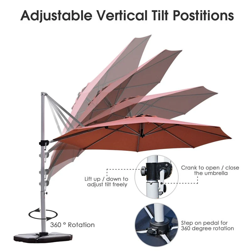 11 FT Patio Offset Cantilever Umbrella 360�� Rotation Tilt with Cross Base & Crank Handle