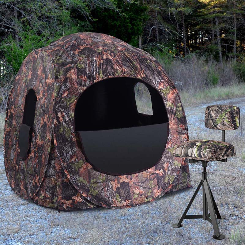 360�� Camo Swivel Hunting Chair for Outdoor Activities, Height Adjustable Tripod Blind Stool Chair with Detachable Backrest, Padded seat