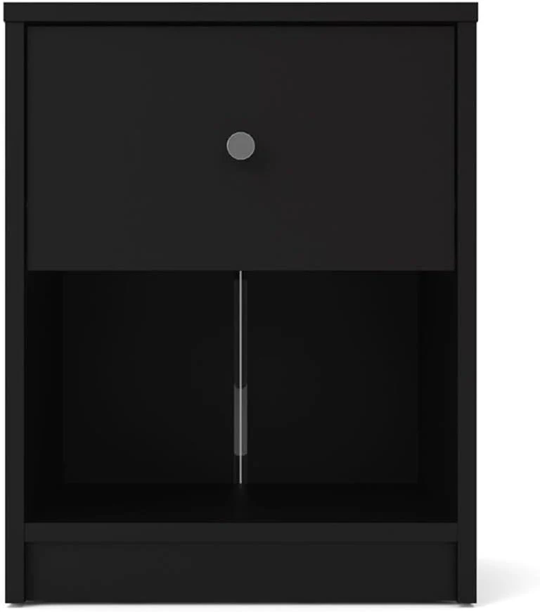 3-Pc Scandinavian Design Engineered Wood Bedroom Furniture Set with 3-Drawer Chest & 6-Drawer Double Dresser & 1-Drawer Nightstand, Pewter Plastic Handles, Smooth Plastic Glides, in Black