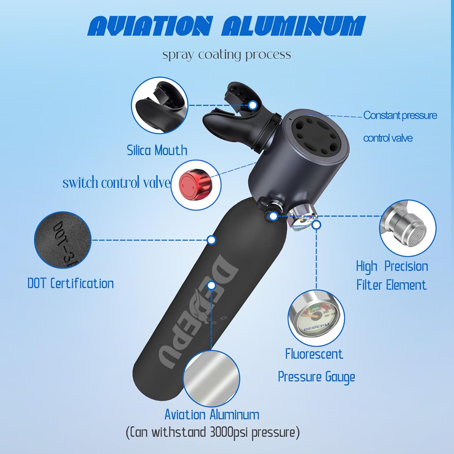 Scuba Diving Tank,0.5L Constant Pressure Mini Scuba Tank, Dive Tanks with On-Off Valve, 5-10 Minutes Underwater Capability, Portable Mini Scuba Tanks, Scuba Diving Tanks with Pump