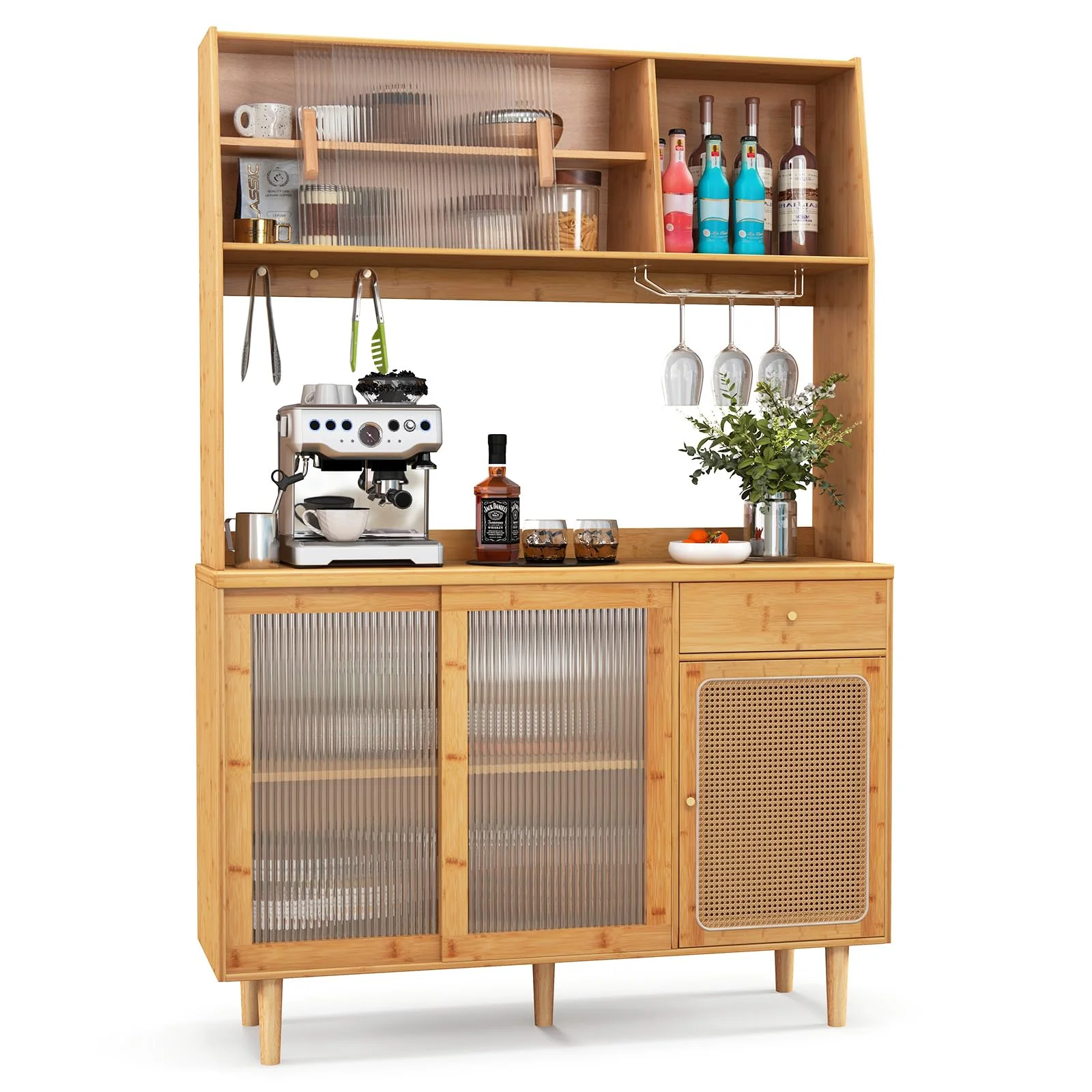 Giantex Bamboo Buffet Cabinet w/Hutch, 175cm Wine Bar Kitchen Cabinet