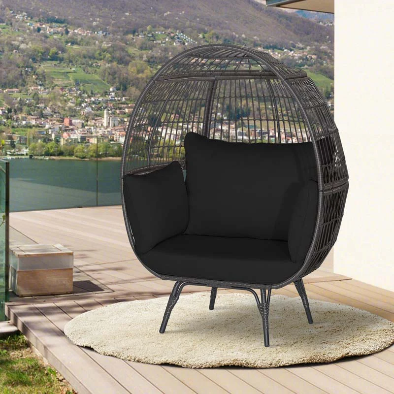 Oversized Wicker Egg Chair with 4 Cushions, Steel Frame Basket Chair Indoor Outdoor Patio Lounge Chair